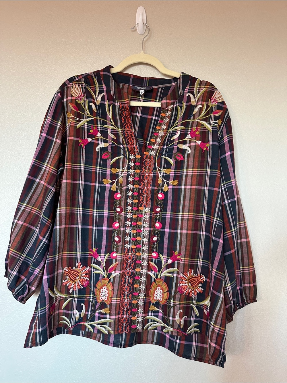 Johnny Was Multicolor Plaid Embroidered Tunic